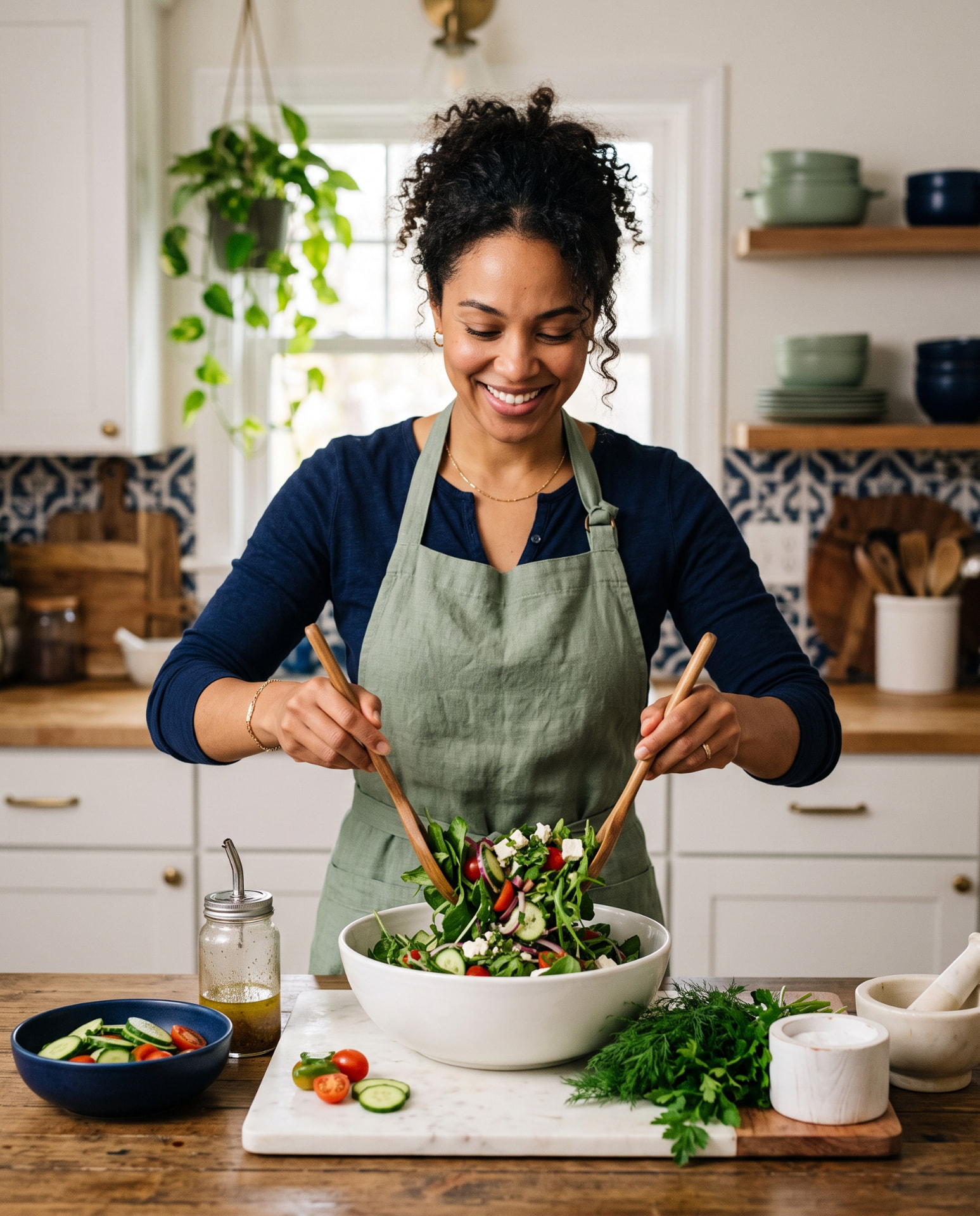Woman smiling while tossing a fresh green salad in a bright kitchen
