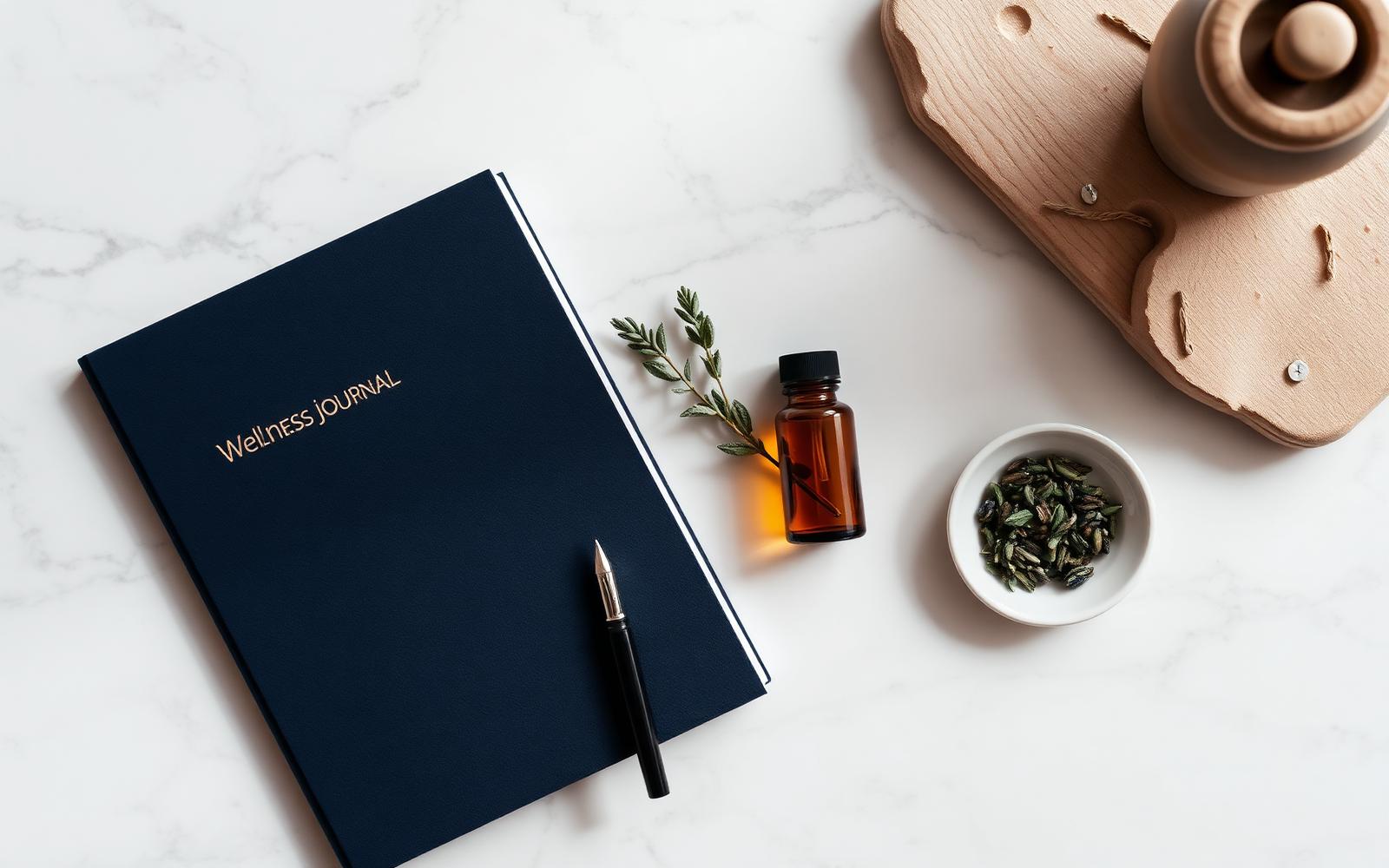 Navy wellness journal and apothecary still life